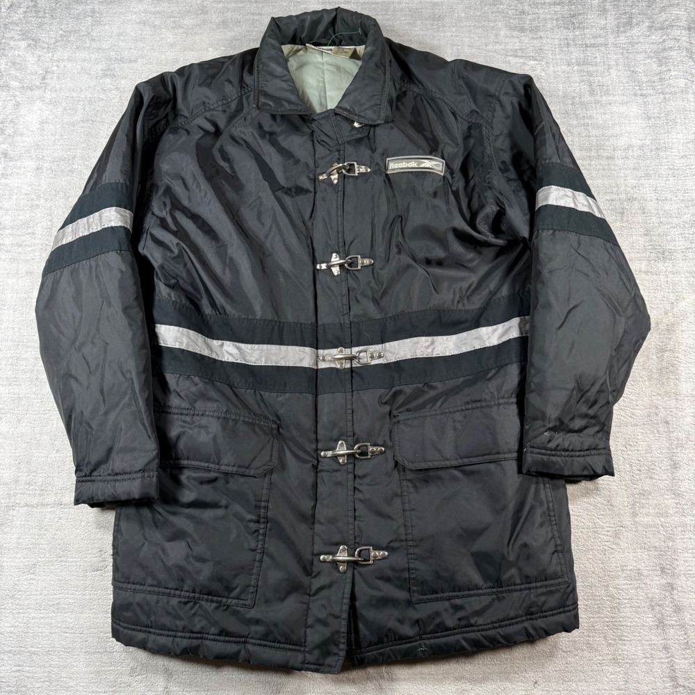 Reebok Jacket Mens Medium Black Vtg Fireman Reflective Clasp Streetwear Utility